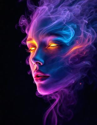 The primary subject of the image is a woman with glowing eyes, which are yellow. She is surrounded by a purple and blue haze, giving the scene a surreal and dreamy atmosphere. The visual style of the image is a digital art or illustration, as the woman's eyes and the haze are depicted in a way that is not typical of a photo. The colors and mood of the image are predominantly purple and blue, with the woman's eyes adding a touch of yellow, creating a striking contrast and a sense of otherworldliness.